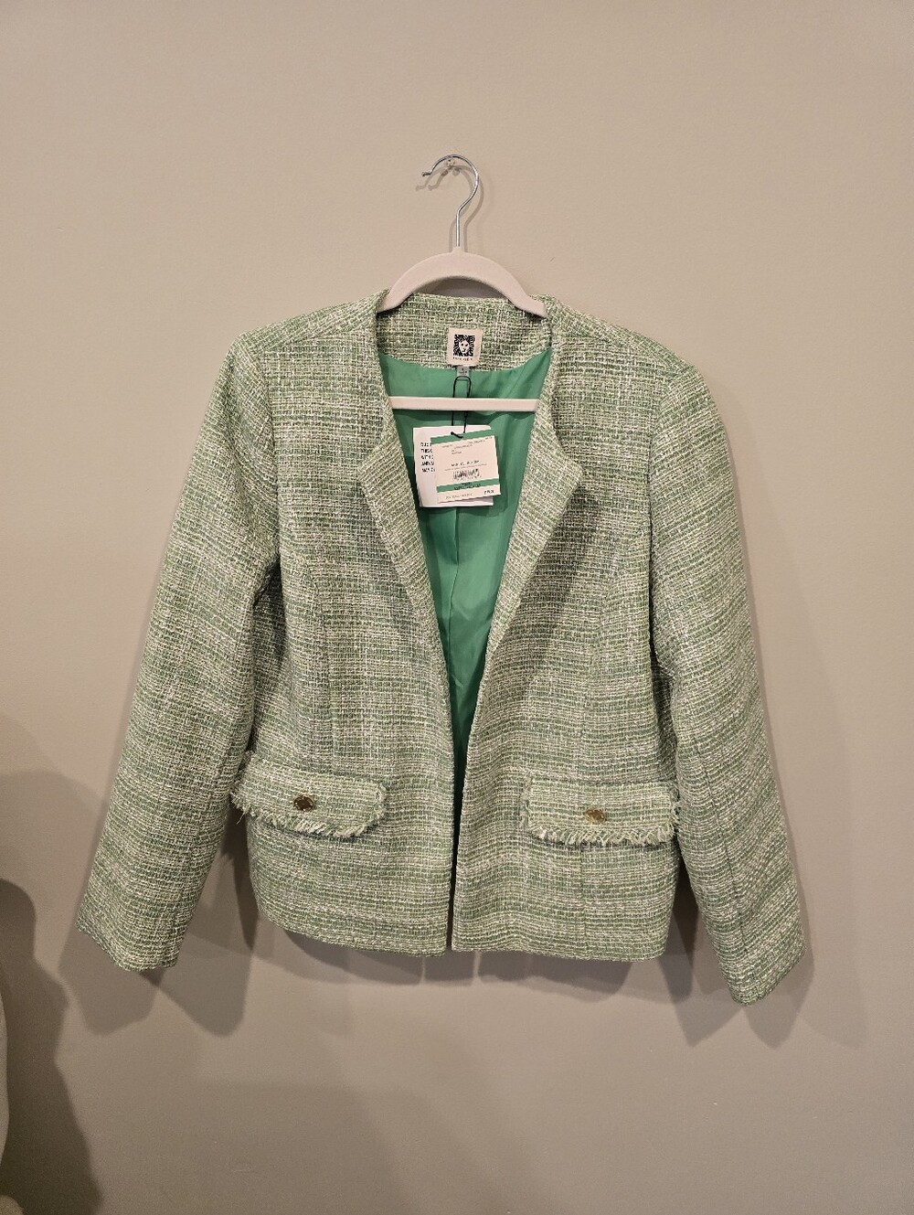 Anne Klein Light Green Tweed Collarless Blazer